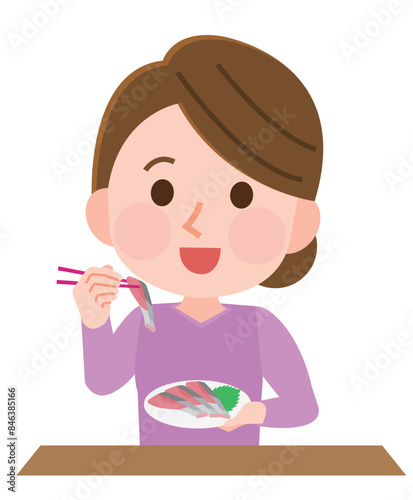 刺身をおいしそうに食べる女性　イラスト