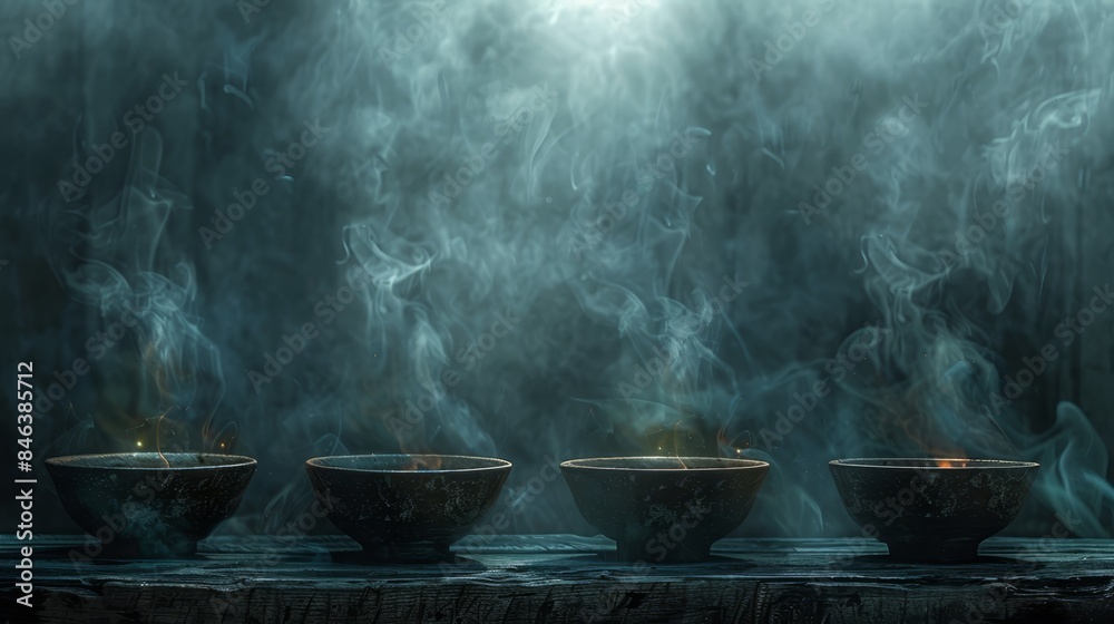 A row of bowls atop a smoky wooden table The bowls emit billows of smoke against a backdrop of dense darkness A row of bowls atop a smoky wooden table The bowls emit billows of smoke against a backdrop of dense darkness