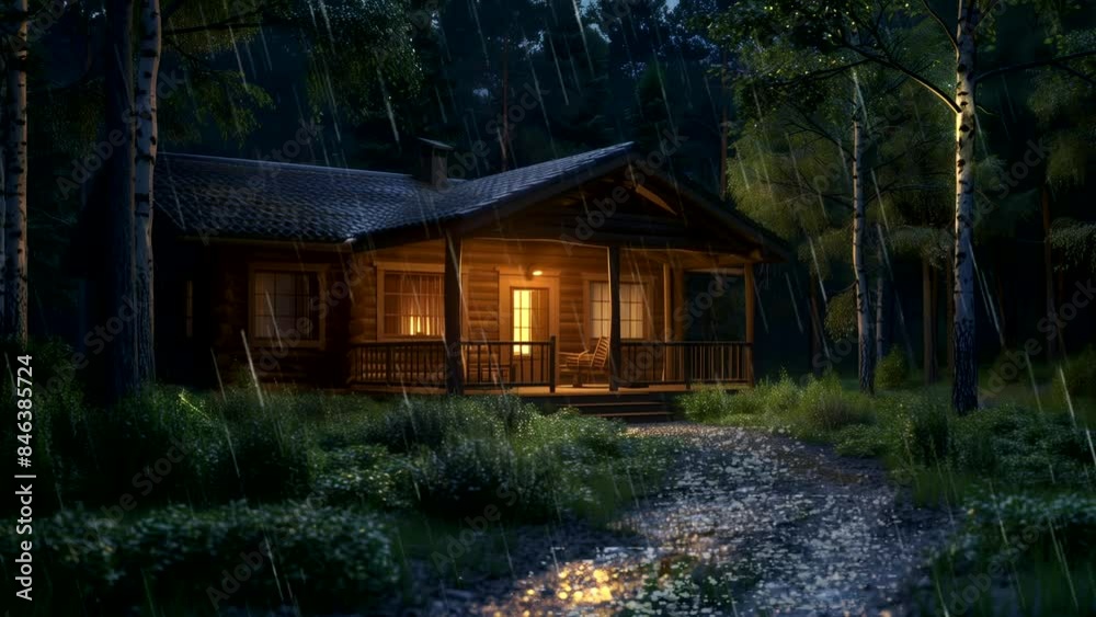A cabin in the middle of the forest at night with rain falling, for relaxing background music. seamless looping time-lapse video background