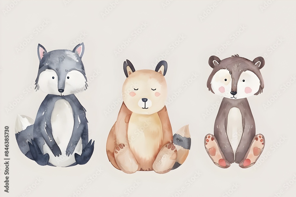 Cute Cartoon Woodland Animals in Watercolor Nursery Style Cute Cartoon Woodland Animals in Watercolor Nursery Style