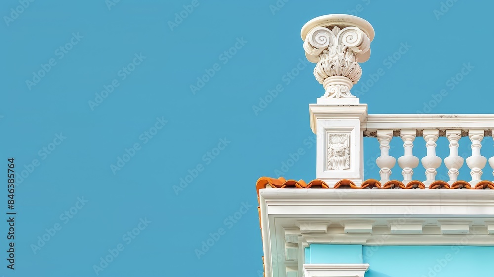 Fototapeta premium A building with a top-tier balcony and a clock at its peak, as well as a lower balcony featuring another balcony