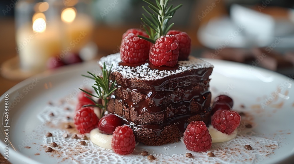 Awesome chocolate dessert, on a beautiful table with lace cover table, romantic and soft. Generative AI. Awesome chocolate dessert, on a beautiful table with lace cover table, romantic and soft. Generative AI.