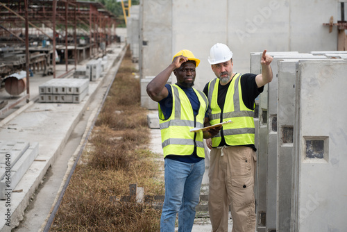 Portrait African American engineer man working with caucasian engineer man at precast cement outdoor factory	 photo