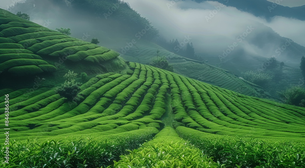Tea Garden on mountain. Generative AI. Tea Garden on mountain. Generative AI.