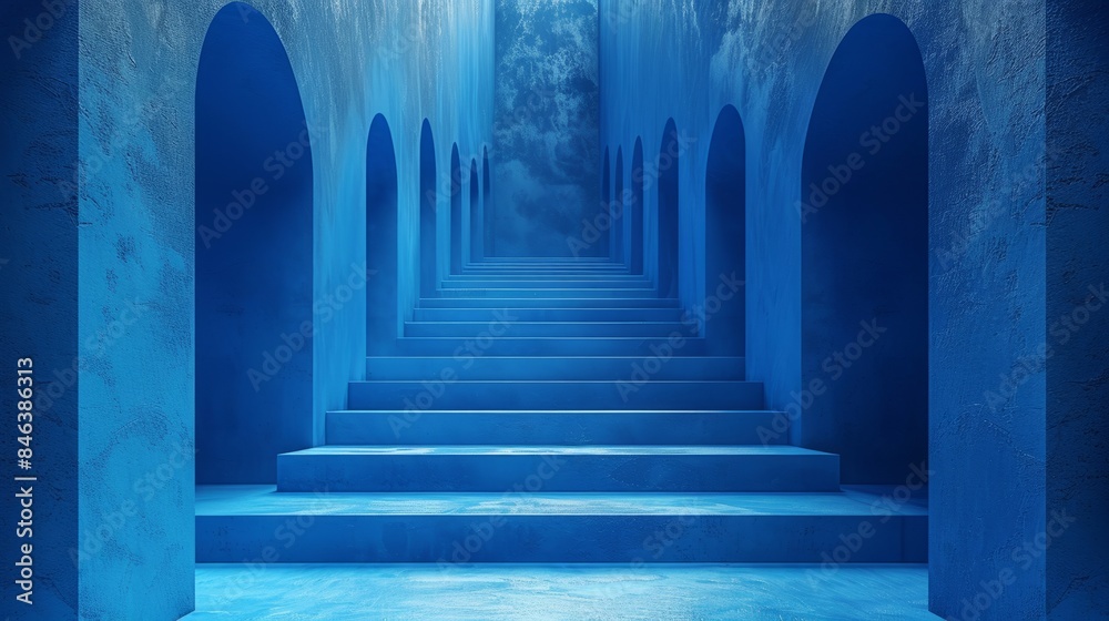 Abstraction, futuristic background, concrete arch. Night view of the tunnel, portal. Staircase up. Abstraction, futuristic background, concrete arch. Night view of the tunnel, portal. Staircase up.