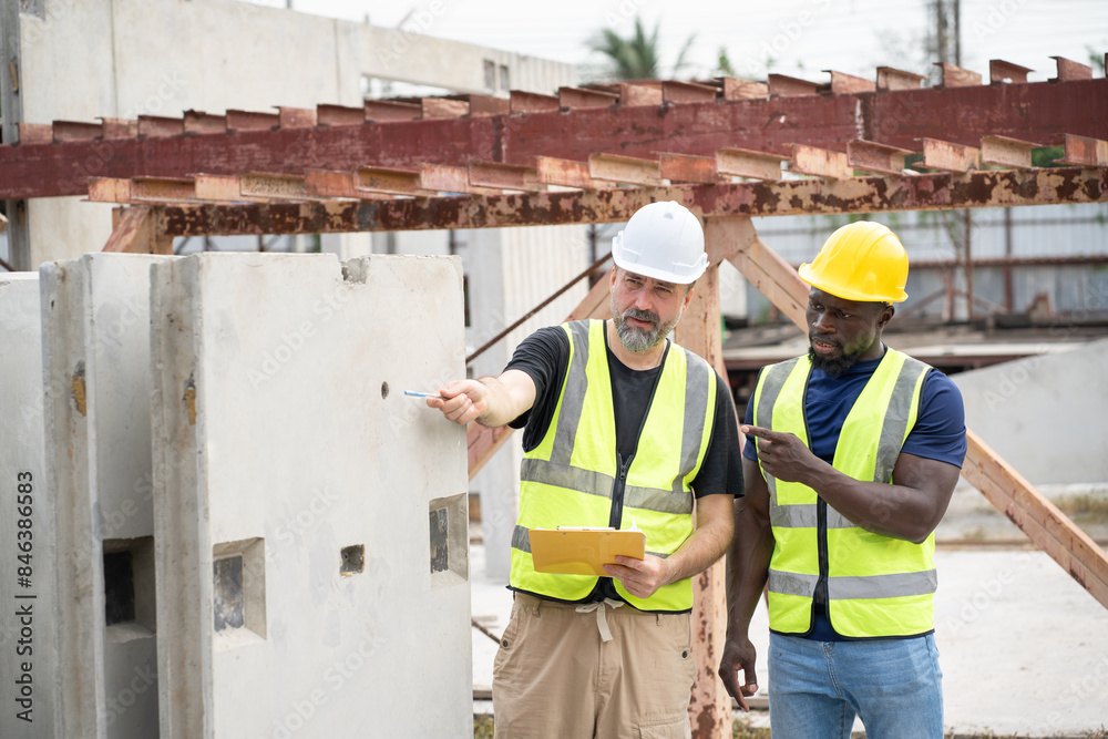 Portrait African engineer man working with caucasian engineer man at precast cement outdoor factory Portrait African engineer man working with caucasian engineer man at precast cement outdoor factory