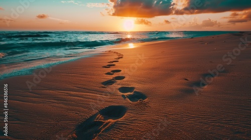  A beach with footprints in the sand, sun setting behind clouds in the sky, and sun descending into the water beyond the horizon