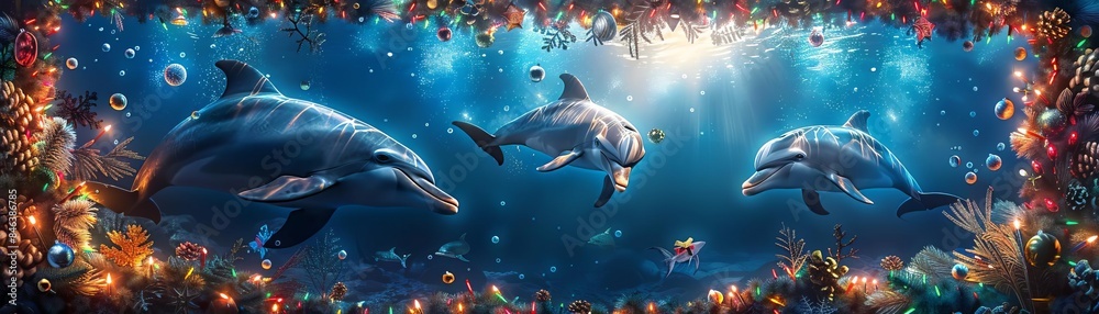 Obraz premium Long shot, dolphins with festive garlands and holiday baubles, celebrating Christmas in July in a sunlit tropical sea