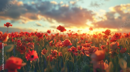 A field of red flowers with a beautiful sunset in the background
