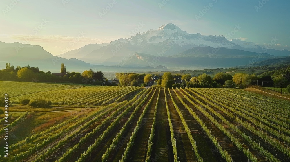 Looming in the distance the towering Mont Blanc stands as a majestic backdrop to the vineyards. Its snowcapped peak stands in stark . AI generation. Looming in the distance the towering Mont Blanc stands as a majestic backdrop to the vineyards. Its snowcapped peak stands in stark . AI generation.