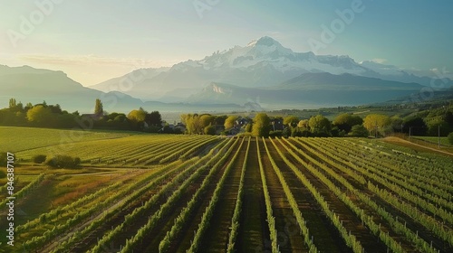 Looming in the distance the towering Mont Blanc stands as a majestic backdrop to the vineyards. Its snowcapped peak stands in stark . AI generation. © Justlight