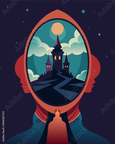 The mirror showing a parallel universe where their doppelganger was an evil ruler with a palace of darkness in the background.. Vector illustration