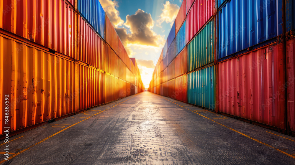 Fototapeta premium colorful shipping containers in a harbor stacked high, creating an endless wall in the background with a wide open road leading into it under a cloudy sky at sunset