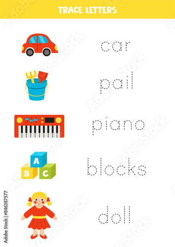 Tracing names of cute cartoon toys. Writing practice. Tracing words.