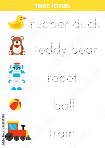 Tracing names of cute cartoon toys. Writing practice. Tracing words.