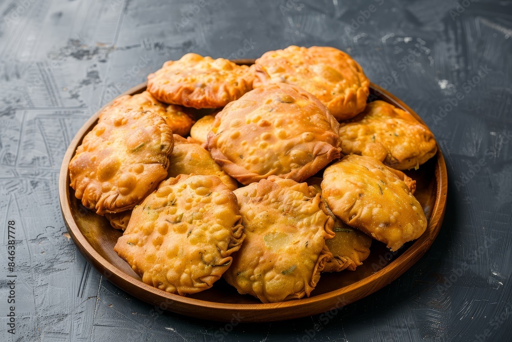 Savory Indian Kachori Platter on Navy Background - Traditional Lentil-Filled Pastries Savory Indian Kachori Platter on Navy Background - Traditional Lentil-Filled Pastries
