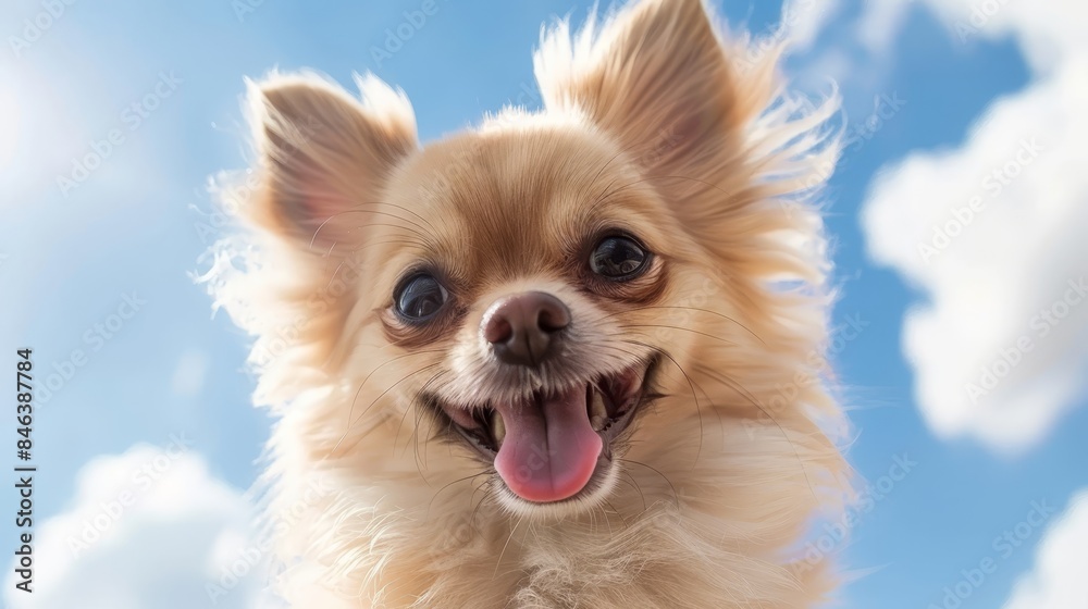 A small dog with its mouth open and tongue out in front of a blue sky, dotted with white, fluffy clouds A small dog with its mouth open and tongue out in front of a blue sky, dotted with white, fluffy clouds
