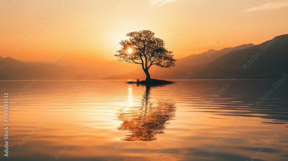 tranquil lake bathed in the warm glow of a setting sun, with a solitary tree standing sentinel on the shore. tranquil lake bathed in the warm glow of a setting sun, with a solitary tree standing sentinel on the shore.