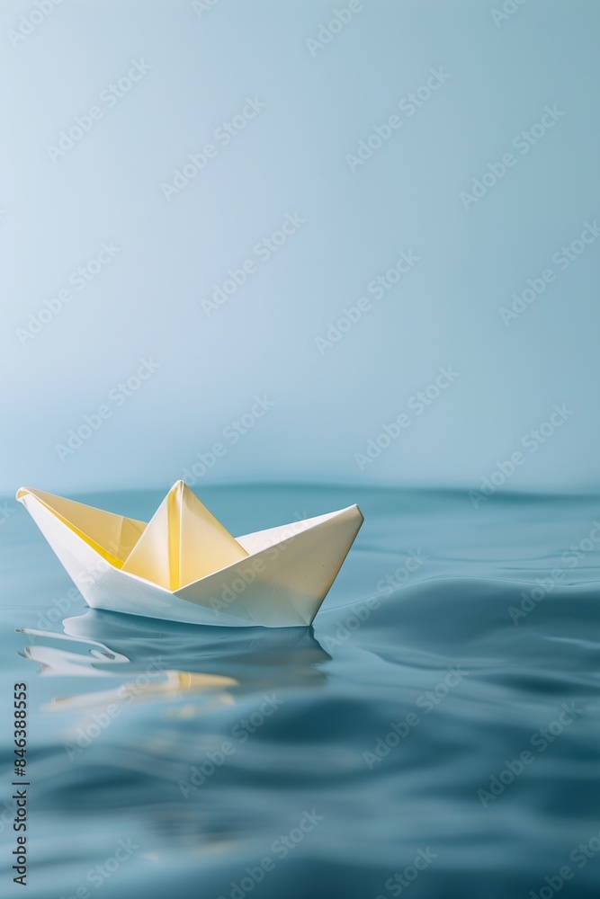 Yellow Origami Paper Boat Floating on Water, Calm Amid Challenges and Adversity Yellow Origami Paper Boat Floating on Water, Calm Amid Challenges and Adversity