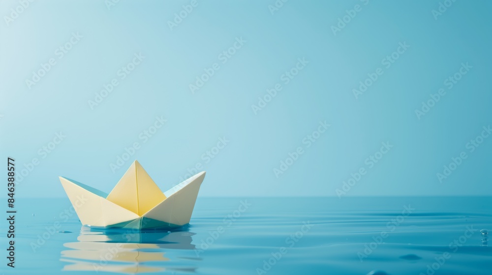 Yellow Origami Paper Boat Floating on Water, Symbol of Leadership and Direction Yellow Origami Paper Boat Floating on Water, Symbol of Leadership and Direction
