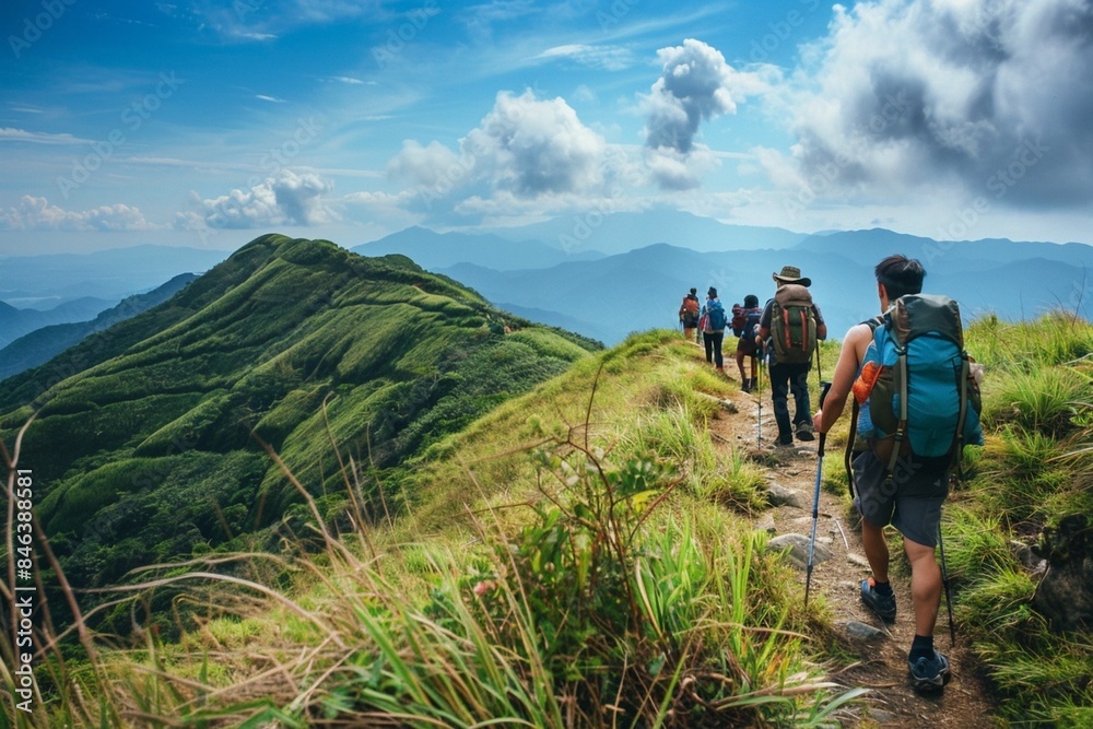 Obraz premium Hiking enthusiasts explore different mountain trails