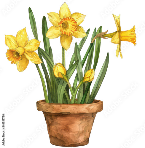  Watercolor Illustration. Yellow Daffodils in Clay Pot.