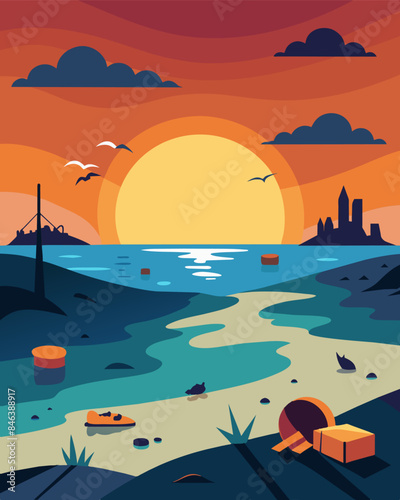 The sun sets over the polluted beach an unfortunate reminder of the damage humans have caused to the environment.. Vector illustration