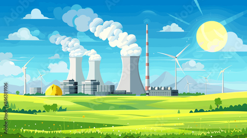Renewable energy with traditional power generation methods. It features a scene with a large power plant in the center