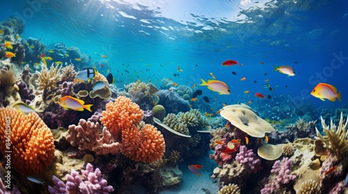 Fototapeta Naklejka Na Ścianę i Meble -  a vibrant coral reef teeming with colorful fish, sharp and clear against a soft, blurred background of clear blue water and swaying seaweed.