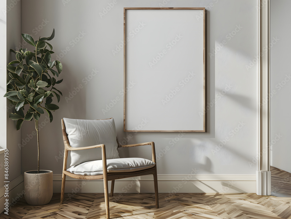 Blank frame mockup in the wall with a chair Blank frame mockup in the wall with a chair