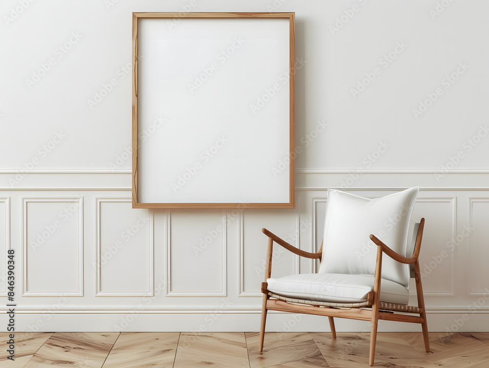 Blank frame mockup in the wall with a chair Blank frame mockup in the wall with a chair
