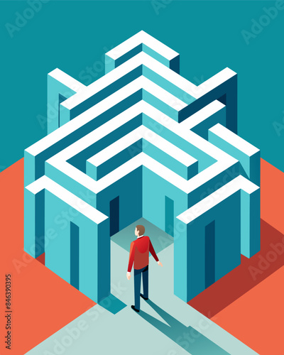 The labyrinthine walls of the mind maze seem to constantly shift and change disorienting the person and making it impossible to find any sense of direction.. Vector illustration
