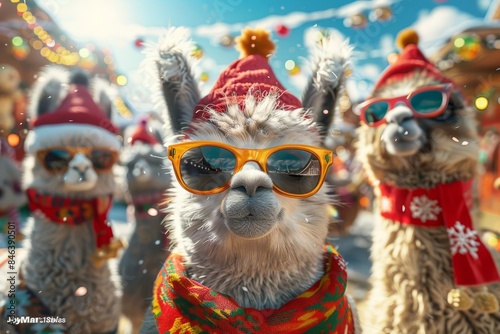 Low-angle perspective of alpacas in bright festive attire, surrounded by summer-themed holiday decorations, capturing the joy and warmth of Christmas in July, CG 3D render with rich textures