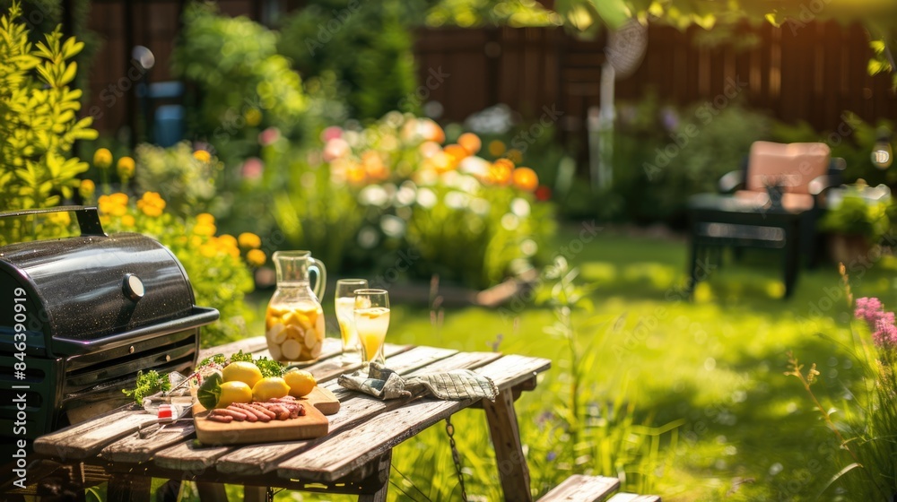 Summertime Bliss - Colorful Backyard Garden with Gas Grill, Lemonade Pitcher, and Weathered Wooden Table Summertime Bliss - Colorful Backyard Garden with Gas Grill, Lemonade Pitcher, and Weathered Wooden Table
