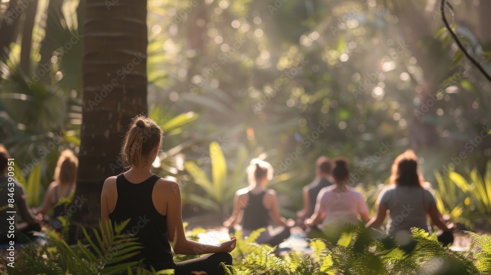 Inner Peace in Nature: Woman Embracing Serenity During Group Meditation Surrounded by Lush Greenery and Tall Trees Inner Peace in Nature: Woman Embracing Serenity During Group Meditation Surrounded by Lush Greenery and Tall Trees