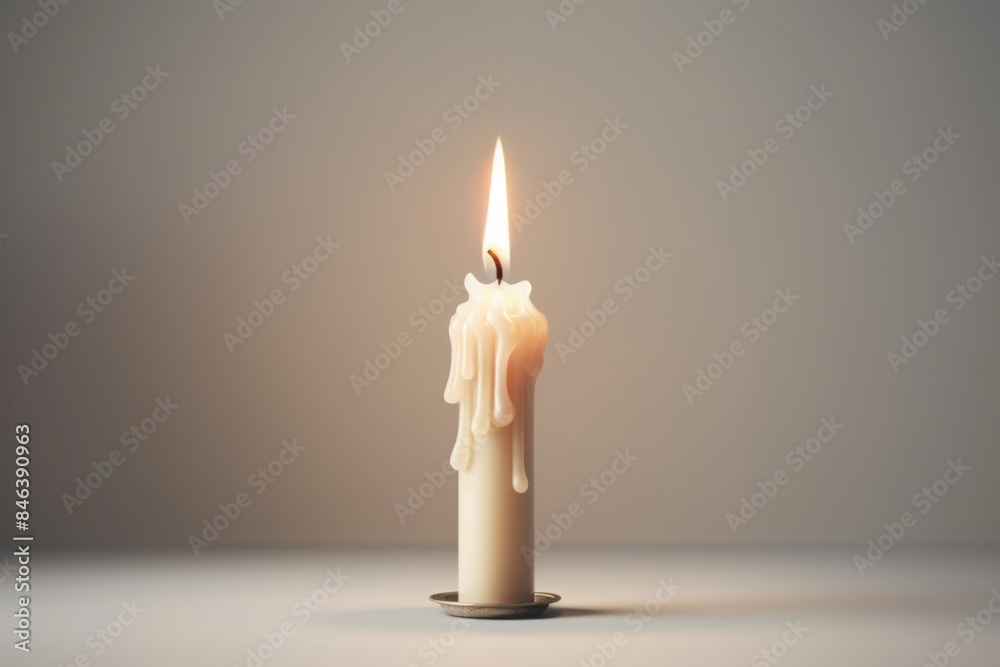 White small candle on white background. The fire is burning. Wax flows. Metal stand for candle. White floor and wall. White small candle on white background. The fire is burning. Wax flows. Metal stand for candle. White floor and wall.