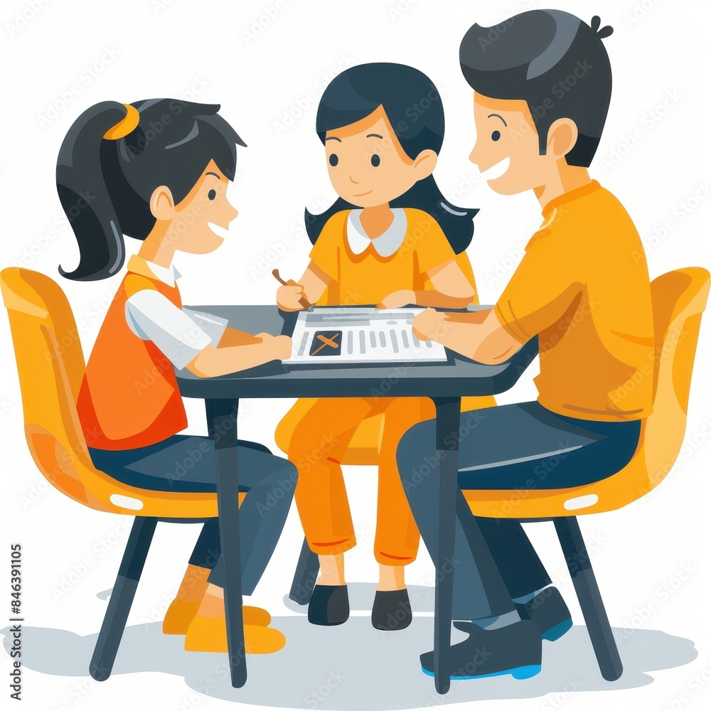 Illustration of family spending time together while sitting at a table, engaging in a shared activity, smiling and bonding through conversation.