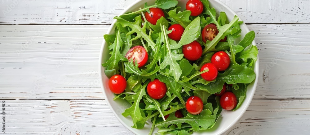 Fresh salad featuring cherry tomatoes, spinach, arugula, romaine, and lettuce on a white wooden surface, viewed from above.