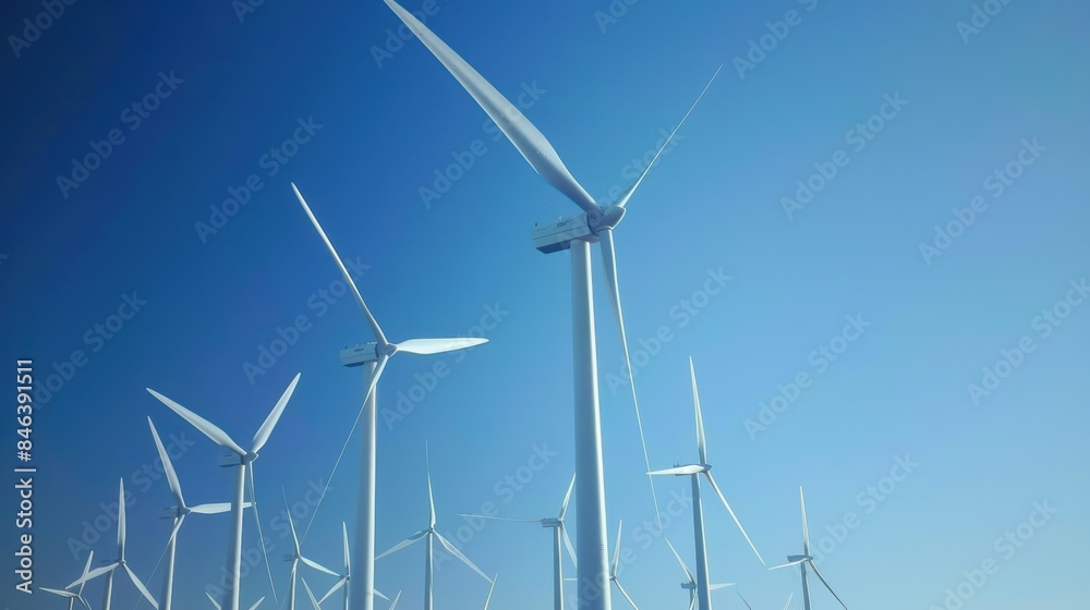 A wind farm with towering wind turbines generating renewable energy against a clear blue sky. A wind farm with towering wind turbines generating renewable energy against a clear blue sky.