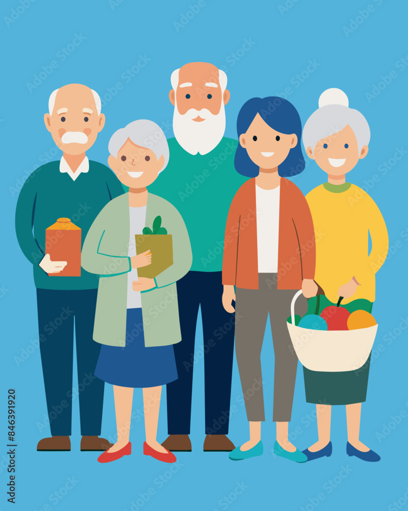 Elderly residents who are on fixed incomes relying on the food bank for their weekly groceries.. Vector illustration Elderly residents who are on fixed incomes relying on the food bank for their weekly groceries.. Vector illustration