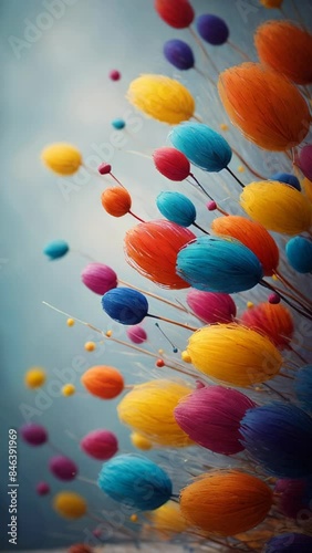 vivid fluffy blooms in orange, yellow, pink and blue on light background. nature background. photo