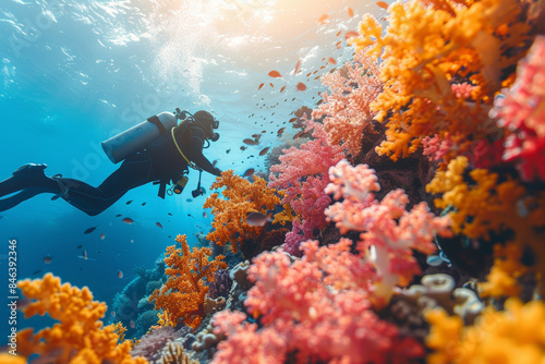 Wallpaper Mural A scuba diver swimming among colorful coral reefs. Concept of underwater adventure and marine life. Generative Ai. Torontodigital.ca