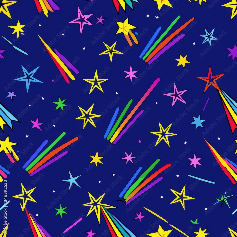 Seamless pattern of glowing pixie sticks with rainbow trails and shooting stars, Generative AI Seamless pattern of glowing pixie sticks with rainbow trails and shooting stars, Generative AI