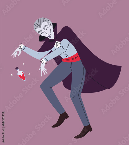 Vampire with bottle of blood. Halloween character in linear flat style.