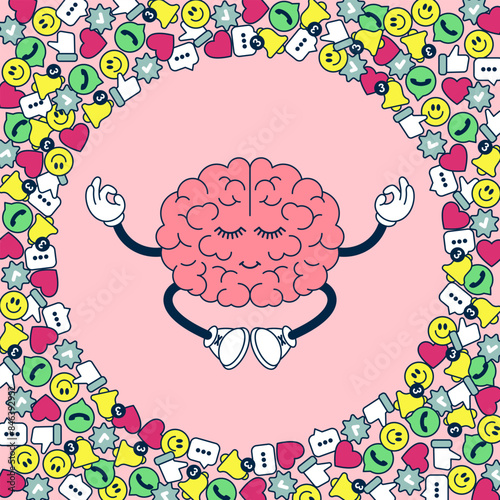 Vector Illustration of Digital Detox Concept. Healthy, Happy, Relaxed Brain Meditating