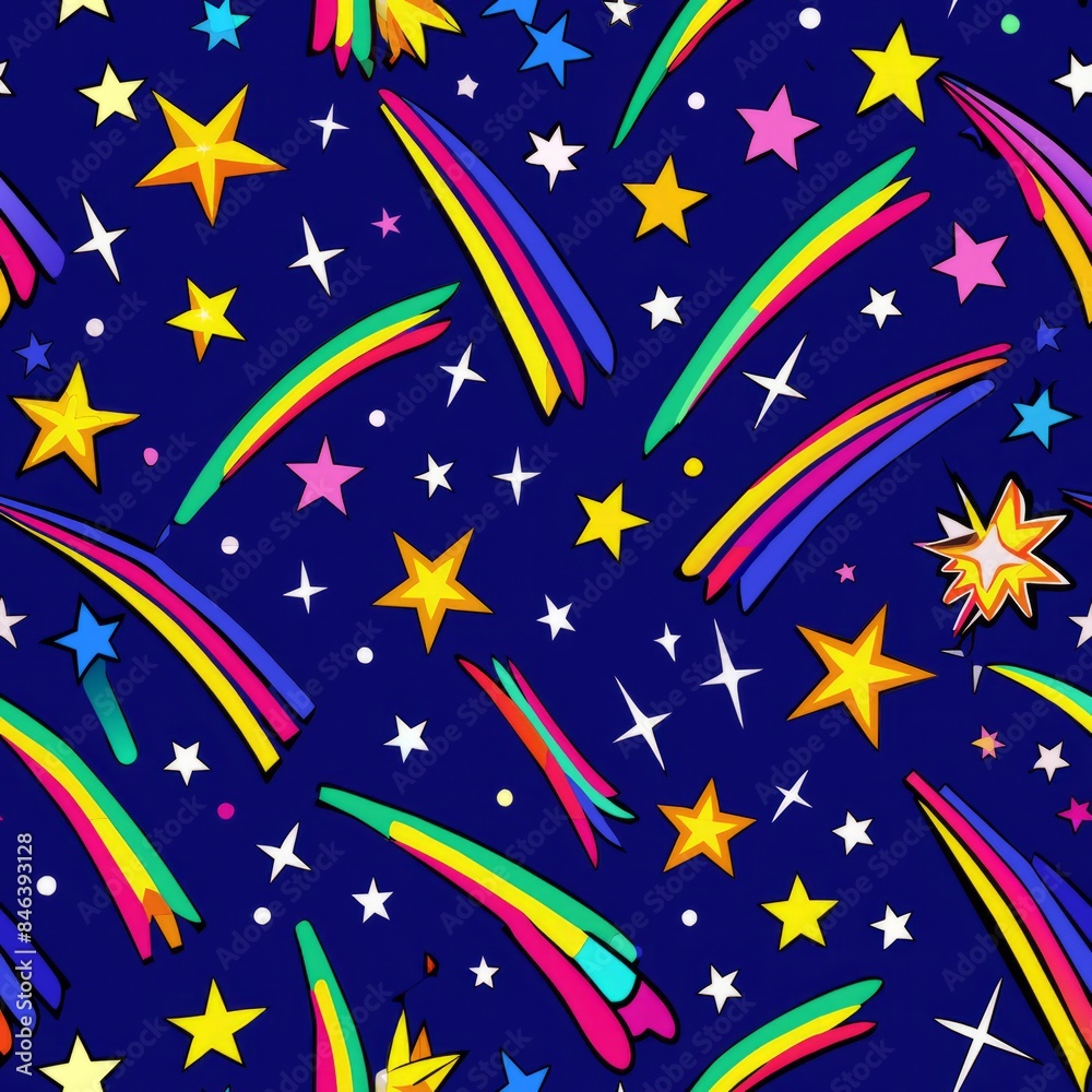 Seamless pattern of glowing pixie sticks with rainbow trails and shooting stars, Generative AI Seamless pattern of glowing pixie sticks with rainbow trails and shooting stars, Generative AI
