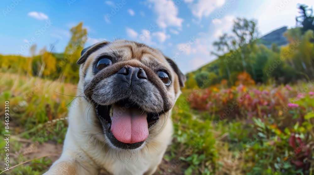 tongue out, mouth open among wildflowers, blue sky, clouds tongue out, mouth open among wildflowers, blue sky, clouds