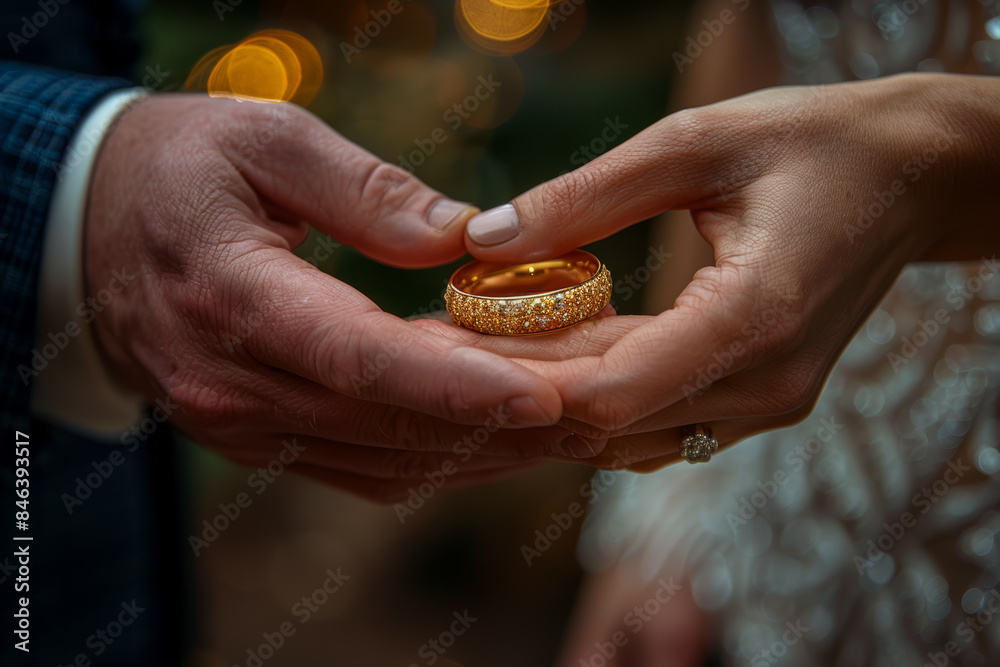 A couple holding hands, exchanging rings. Concept of unity and lifelong commitment. Generative Ai. A couple holding hands, exchanging rings. Concept of unity and lifelong commitment. Generative Ai.