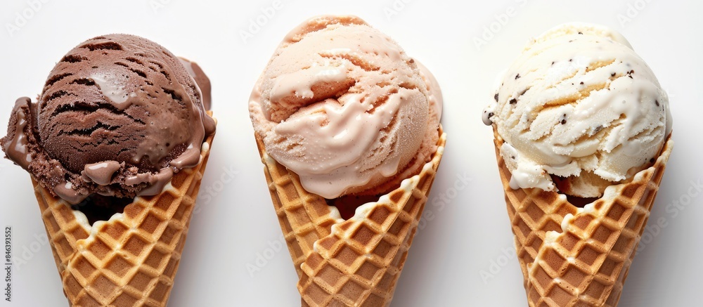 Three scoops of ice cream in a waffle cone, isolated against a white background. Three scoops of ice cream in a waffle cone, isolated against a white background.
