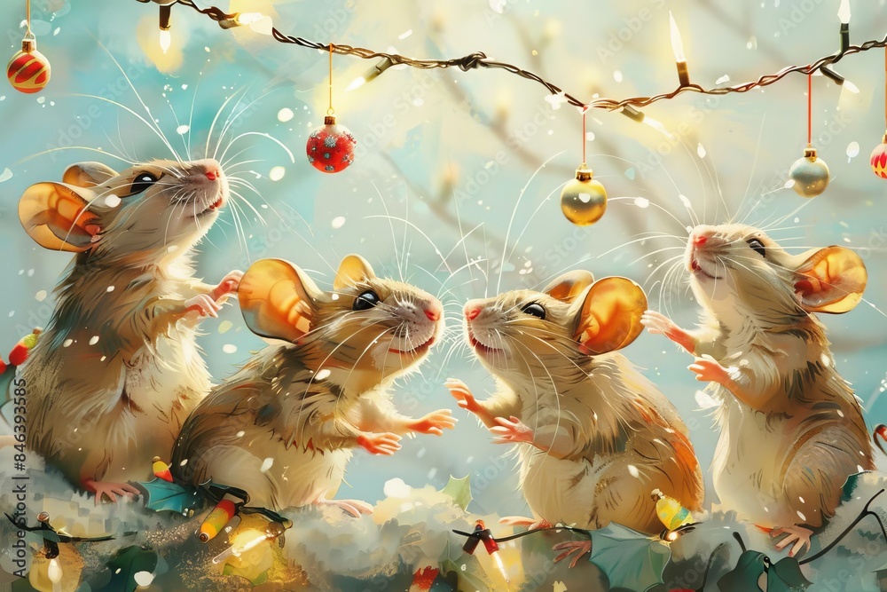 Naklejka premium Low-angle view of cheerful mice celebrating Christmas in July, festive whiskers adorned with tiny baubles